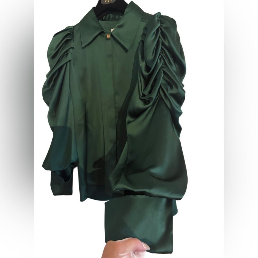 NWT Edward Achour Paris stunning emerald green puffy sleaved satin blouse sz 40 - Picture 3 of 9